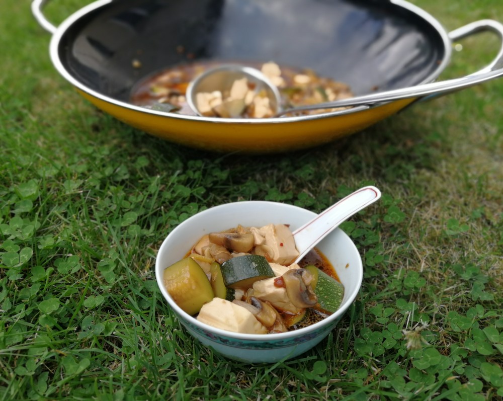 Zucchini-Pilz-Tofu im Wok auf der Wiese