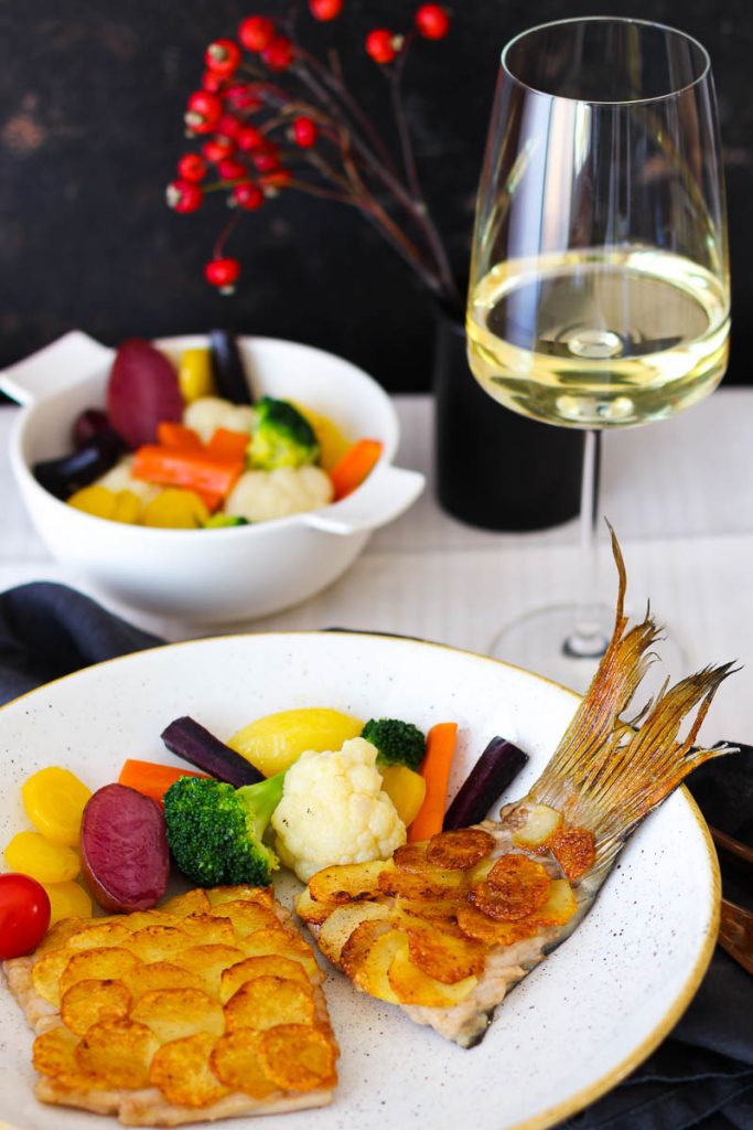 Karpfenfilet mit Kartoffelschuppen und Silvanerbutter, auf einer Leinentischdecke mit einem Glas Silvaner
